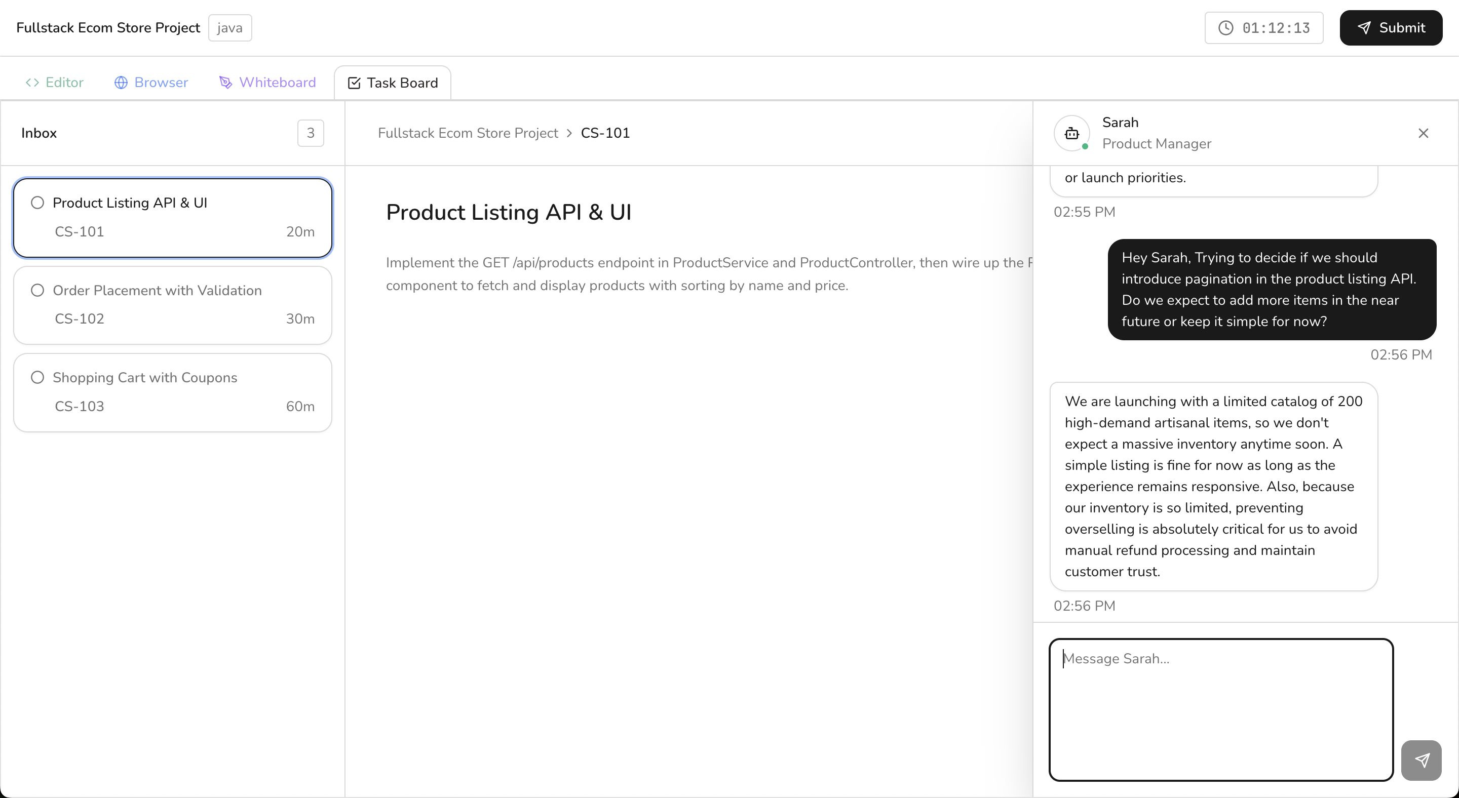 Candidate task board with a coding task and product clarification surface