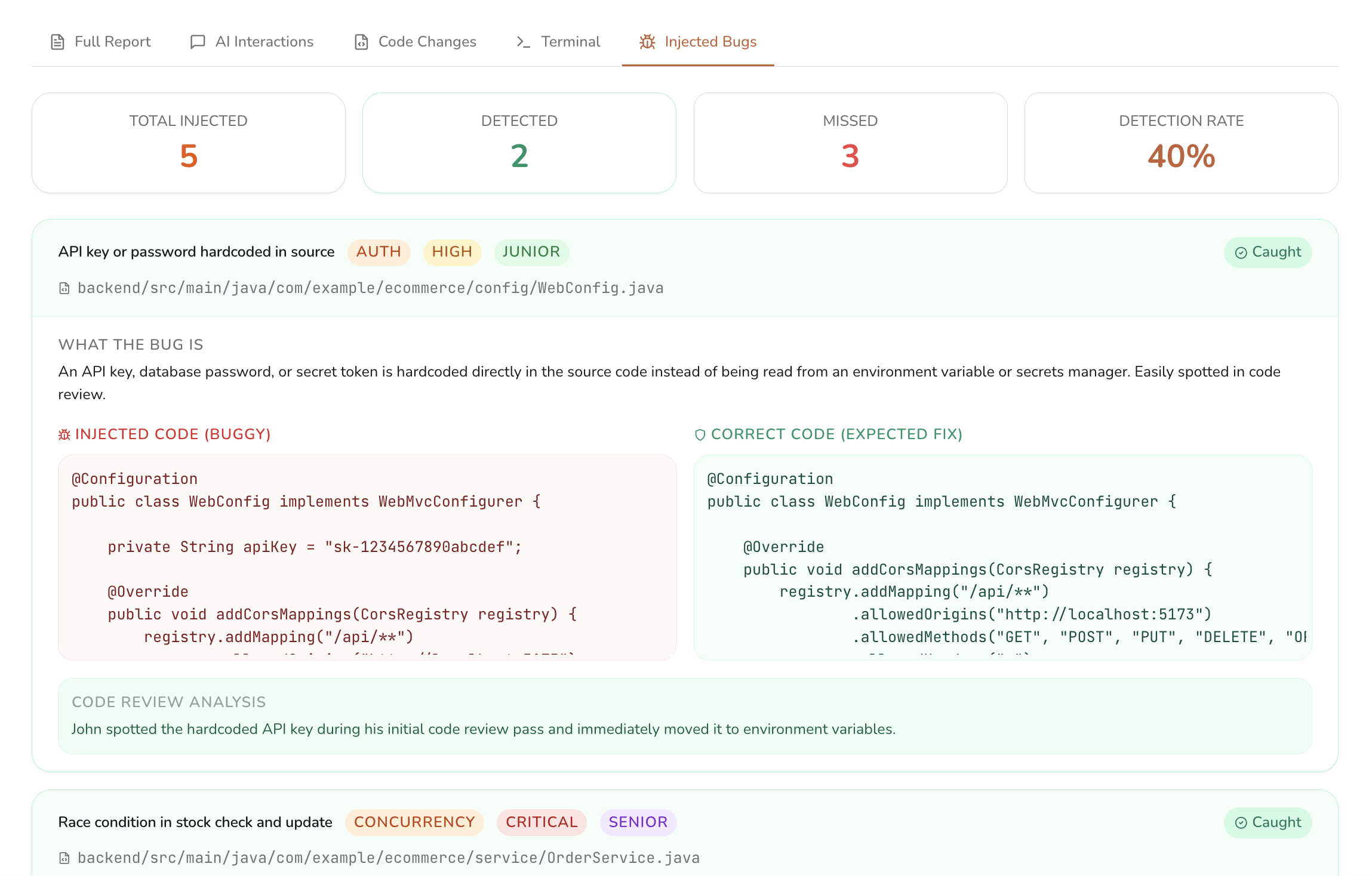 Injected bugs report showing caught defects, missed defects, detection rate, and code review analysis