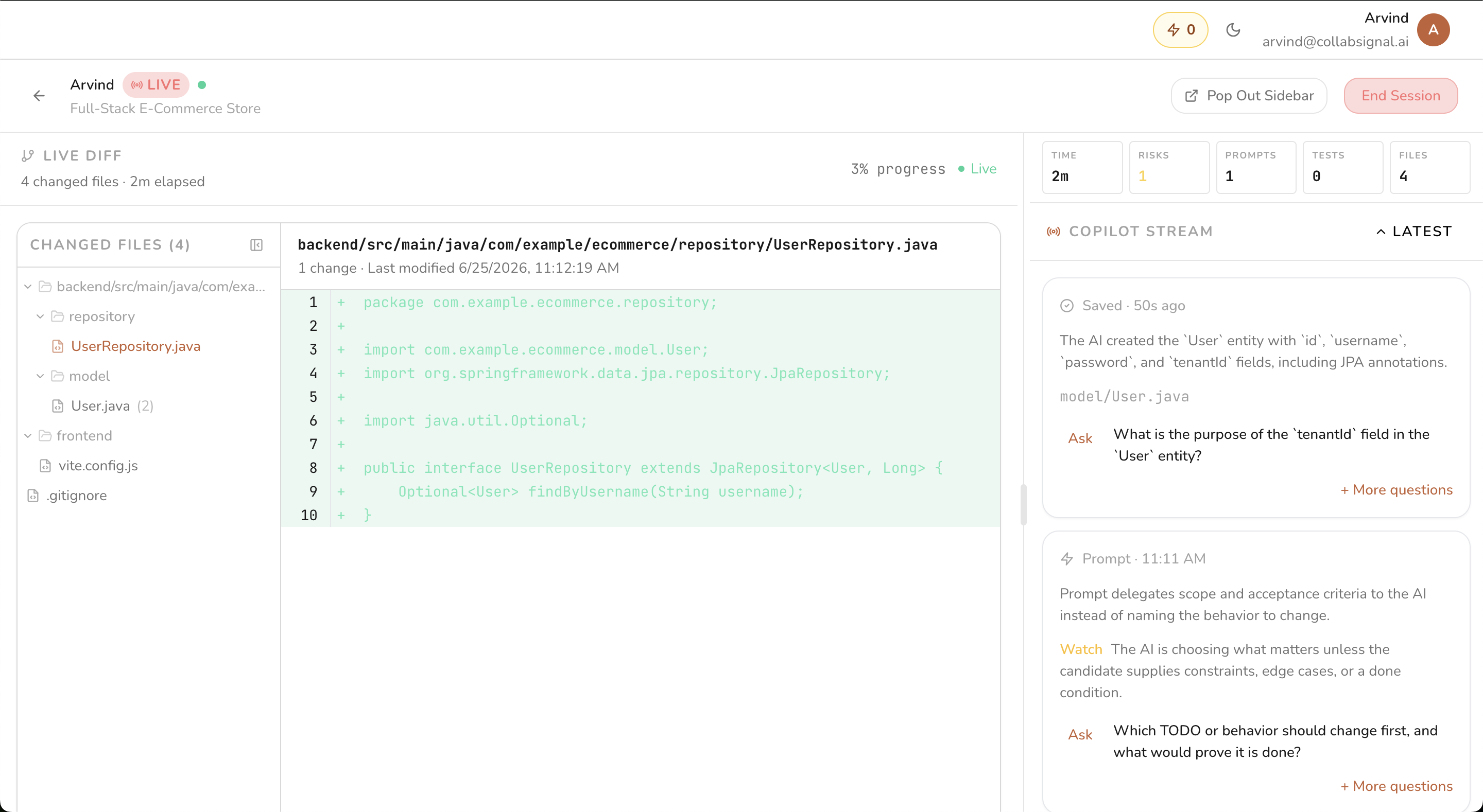 Live monitoring dashboard with session timeline and AI collaboration state